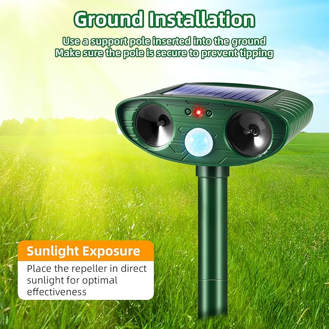 2026 Solar Animal Repellent Ultrasonic Outdoor Squirrel Racoon Fortress pro,Cat Deer Repellent with Motion Sensor,Waterproof Mouse Dog Skunk Rabbit Deterrent for Yard,2 Pack
