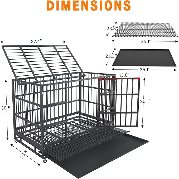 38 inch Heavy Duty Indestructible and Escape-Proof Dog Crate Cage Kennel for Large Dogs, High Anxiety Dog Crate with Removable Wire Trays and Wheels, Extra Large XL XXL, Black