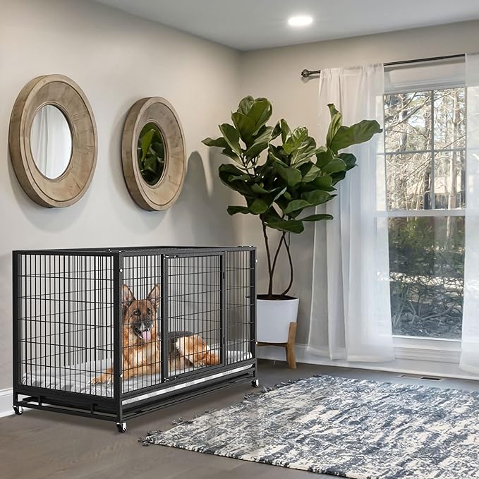 38 inch Heavy Duty Wire Dog Crate Cage Kennel for Large Dogs, High Anxiety Dog Crate with Removable Crate Trays, Wheels and Double Door, Extra Large XL XXL
