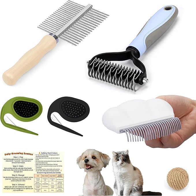 All-in-One Pet Grooming Kit - Long Hair Cat Grooming Kit & Dog Set, Includes Double-Sided Comb, Shedding Comb, 2 Knotting Combs & Massaging Comb