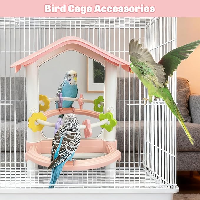kathson Bird Mirror with Plastic Perch and 5PCS Colorful Rattan Balls Parakeet Hanging Swing with Mirror Interactive Toy Bird Cage Accessories for Cockatiel Parrot Conures Cockatoo Finch(Pink)