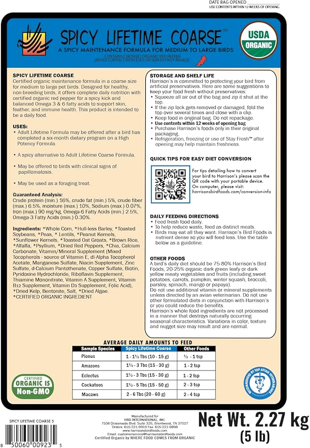 Harrison's Bird Foods Pepper Lifetime Coarse - Certified Organic, Non-GMO Formula for Medium to Large Birds - Premium, Nutrition for Long-Term Health, Vitality & Wellness - 5 lb Bag
