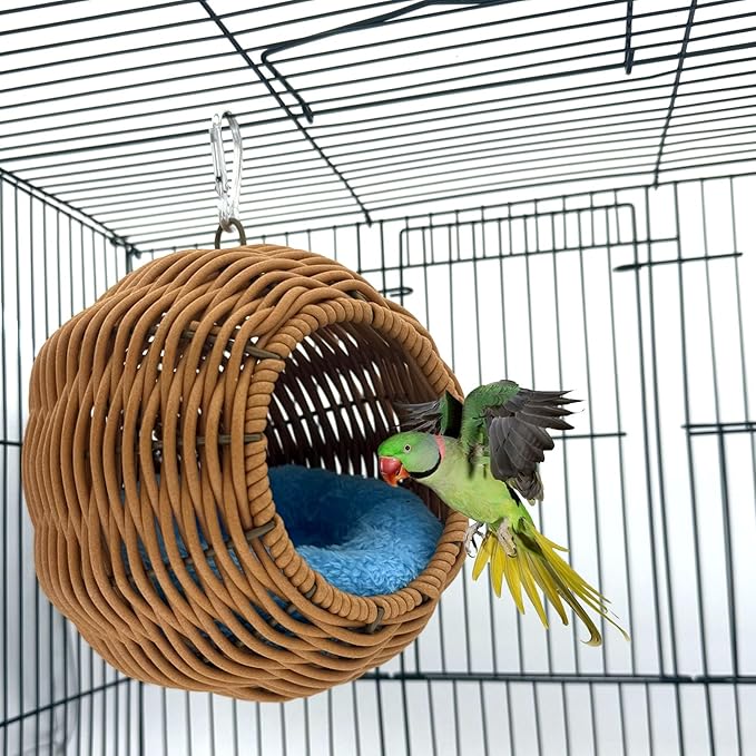 Rattan Bird Nest for Cage，Hanging Parrot Breeding Nesting House Washable Soft Lay Warm Sleep Hut Bird Cage Accessories for Cockatiels Budgerigars Finches Canaries (Circular Opening)