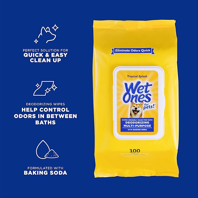 Wet Ones for Pets Deodorizing Multipurpose Dog Wipes with Baking Soda, Tropical Splash Scent - Desmellizing Wipes for Dogs with Wet Lock Seal, 100 Count - 12 Pack