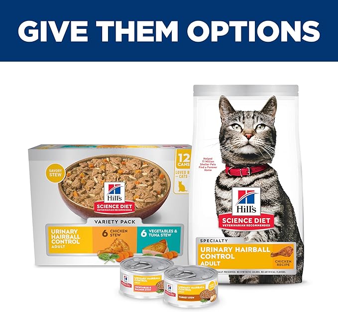 Hill's Science Diet Adult 1-6 Urinary Hairball Control Wet Cat Food, Variety Pack: Chicken, Tuna & Vegetables Stew, 2.9 oz. Cans, 12-Pack