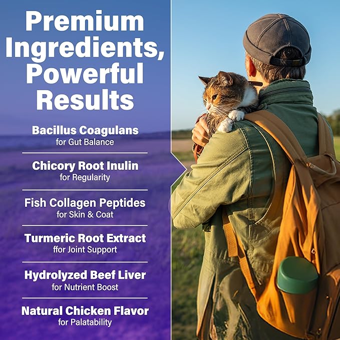 Liquid Probiotics for Cats with Prebiotics & Collagen, Digestive Health Supplement for Constipation, Diarrhea Relief & Immune Support, Skin and Coat Stool Softener, Chicken Flavor, 2 fl oz