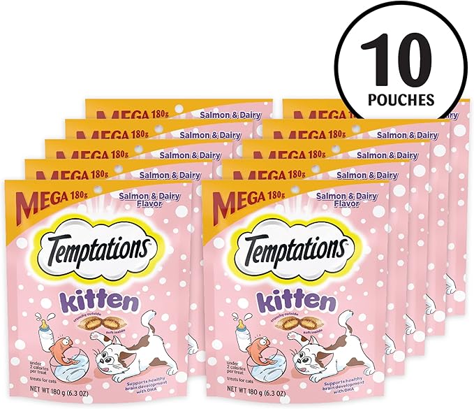 Temptations Kitten Treats Classic Crunchy and Soft Cat Treats, Dairy Flavor, 6.3 oz. Pouch (Pack of 10)