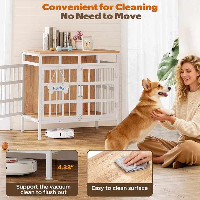 29 Inch Dog Crate Furniture, Heavy Duty Dog Kennel for Small or Medium Dogs, Double Doors Indoor Decor Pet House Cage, Anti Escape Wooden Dog Cage with Name Tag End Table, TV Stand, Beige