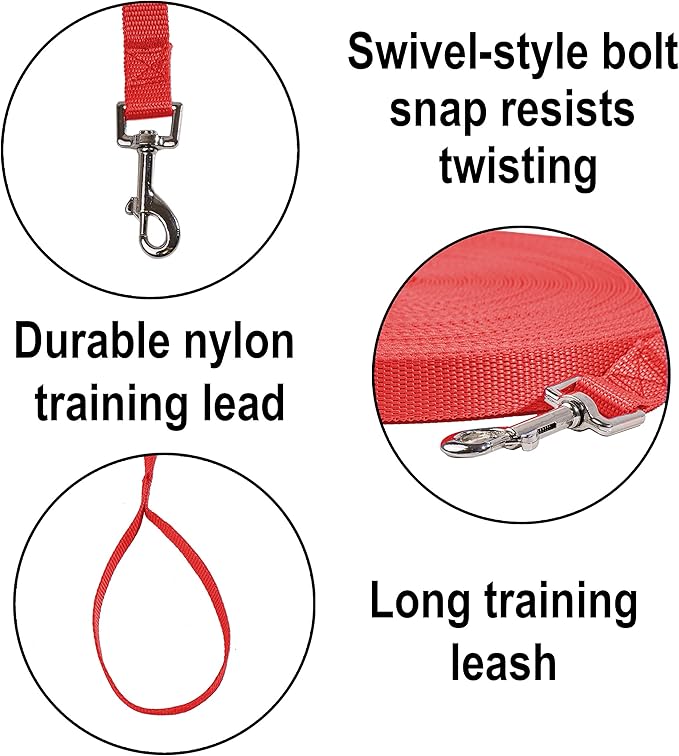 Hi Kiss Dog/Puppy Obedience Recall Training Agility Lead - 15ft 20ft 30ft 50ft 100ft Training Leash - Great for Training, Play, Camping, or Backyard (15 Feet, Red)