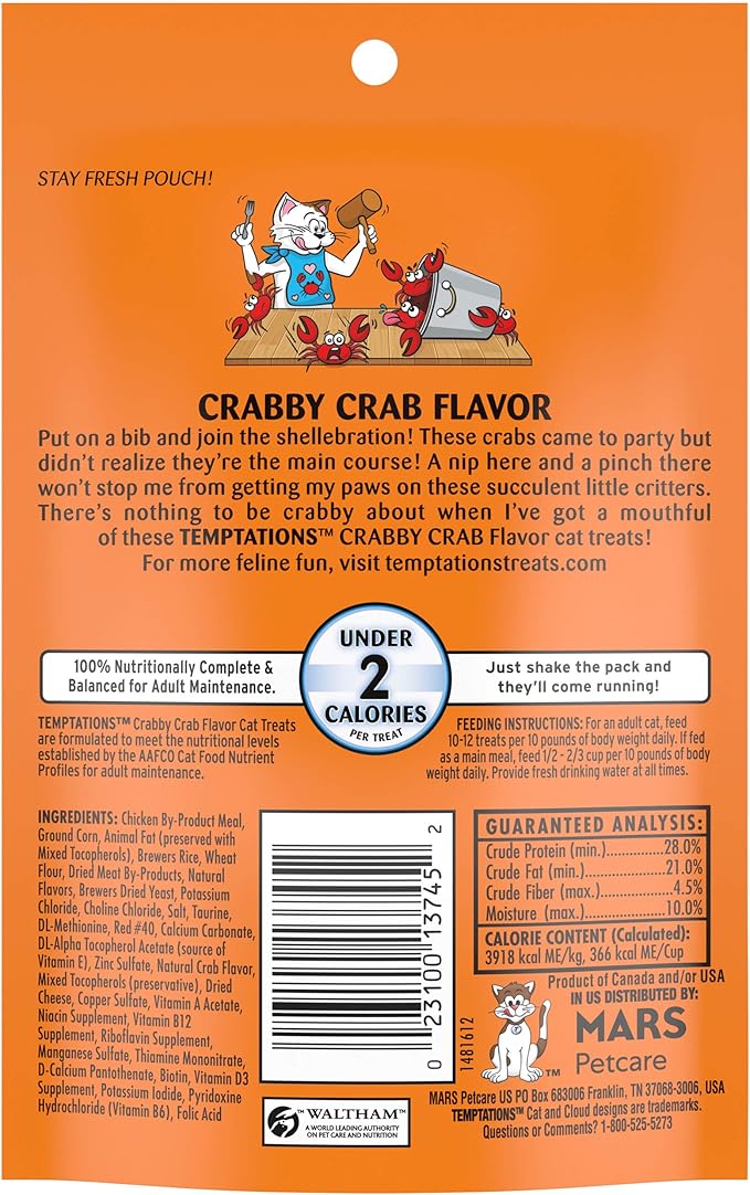 Temptations Cat Treats, Classic Crunchy and Soft Cat Treats, Crabby Crab Flavor, 3 oz. Pouches (Pack of 12)