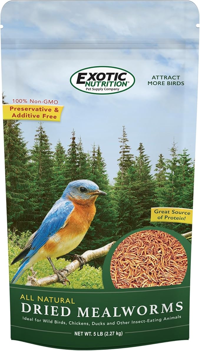 Dried Mealworms - 100% Natural, Non-GMO, High Protein, Bulk Insect Treat for Chicken, Laying Hen, Chick, Wild Bird, Bluebird, Duck, Goose, Turkey, Chickadee, Titmice, Wren, Reptile, Fish (5 lb.)