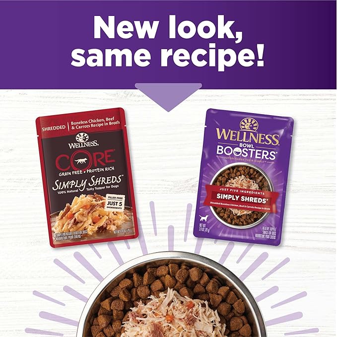 Wellness Bowl Boosters Simply Shreds Wet Dog Food Topper for Small,Medium,& Large Breeds,Grain Free,Natural,Chicken,Beef & Carrots,2.8 Ounce Pouch,(Pack of 24)