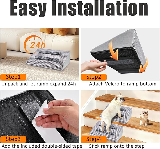 Dog Ramp for Stairs with Anti-Slip Bump for Small & Senior Dogs and Cats – Stair Wedges for Dogs with Gentle Slope, Pet Ramp with Washable Cover & Self-Sticky Pads for Safe Climbing (Gray, 2 Pack)