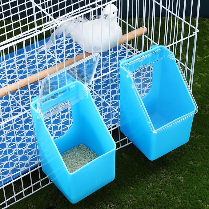 4Pcs Hanging Bird Feeder Boxes with Lid, Multi-Function Pigeon and Quail Food Dispenser, Blue Cage Feeder Bowls for Bird Feeding and Watering Supplies