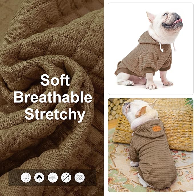 BEAUTYZOO Small Dog Hoodie Sweater with Pockets, Dog Clothes for Small Medium Dogs Boy Girl, Waffle-Like Laminated Cotton Pet Coats with Hat and Leash Hole, Khaki XXS