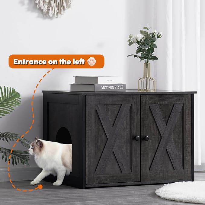 Dwanton Litter Box Enclosure, Cat Litter Box Furniture Hidden, Reversible Entrance Can Be on Left or Right Side, Wooden Cat Washroom Indoor, Dark Gray, 27.6 Inches