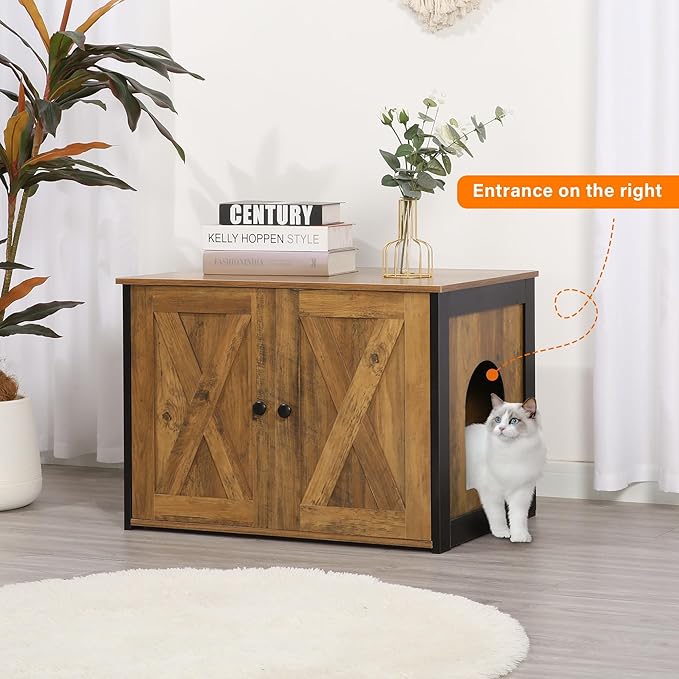 Dwanton Litter Box Enclosure, Cat Litter Box Furniture Hidden, Reversible Entrance Can Be on Left or Right Side, Wooden Cat Washroom Indoor, Warm Brown, 27.6 Inches