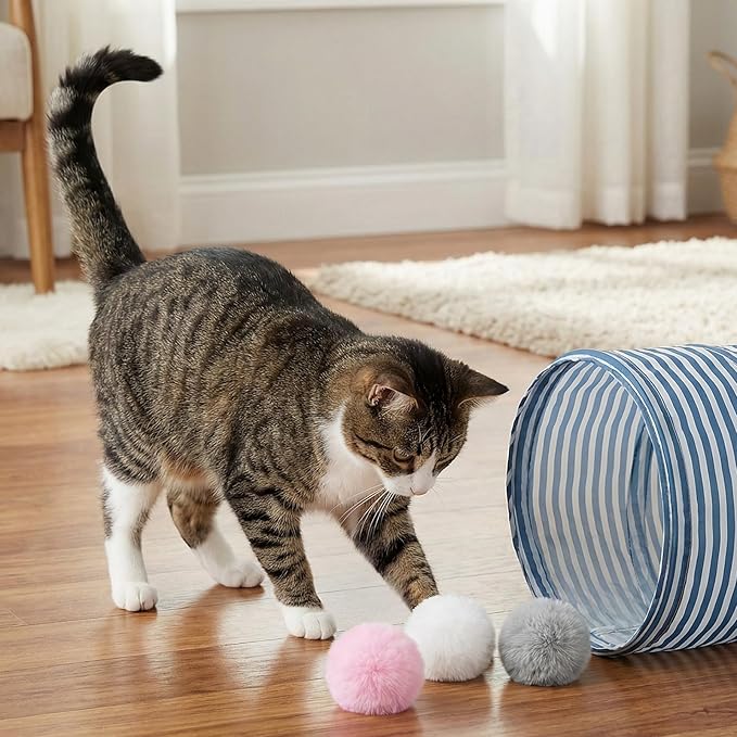 9 Pieces Furry Cat Toys Fuzzy Cat Balls Toys Pom Pom Kitty Ball Cute Rolling Cats Toy Artificial Plush Ball (Pink, Grey, White)