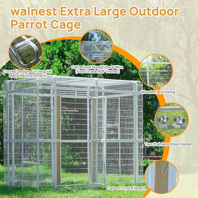 Large Walk-in Cage 87-inch Heavy Duty Bird Cage Outdoor Carbon Crystal Board Aviary Parrot Cage Wide Flight Metal Birdcage for Macaw Budgie Conure Lovebird Parakeet Cockatiel, 7.22x5.25x6.8ft, White