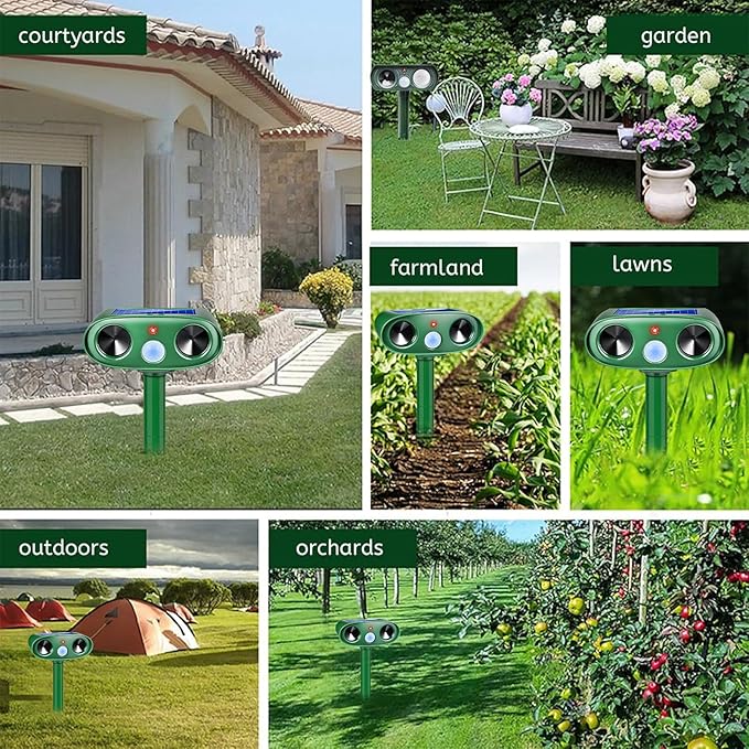 2026 Ultrasonic Solar Animal Repellent Outdoor Motion Activated Cat Repellent Outdoor Waterproof for Yard & Garden, Effective Rabbit Deer Raccoon Squirrel Coyote Deterrent Device 4 Pack