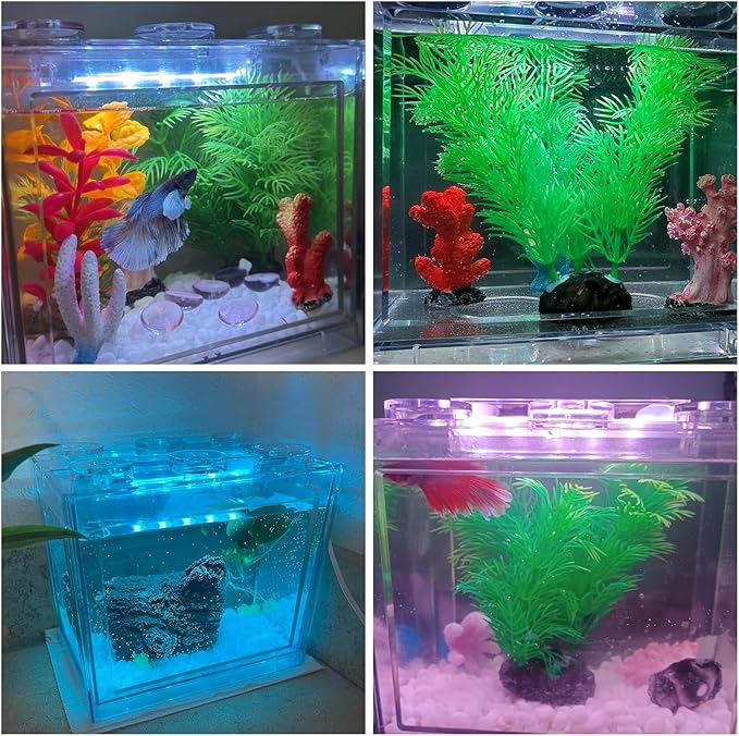 PINVNBY Mini Betta Fish Tank Kit Stackable Small Aquarium Kit 0.6 Gallon Fighting Fish Tank Set with 2Pcs Artificial Plants and Decorations Cave for Small Fish Shrimp Crab Snails Turtle as Decoration