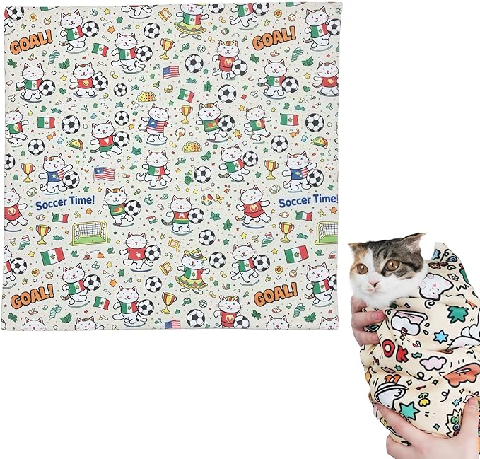 27.6" Extra Large Cat Grooming Wrap – Anti-Escape Cat Wrap for Cutting Nails, Brushing & Medication – Soft, Comfortable, Reusable, Self-Adhering, Holds Cats Up to 15lbs (Soccer Time)