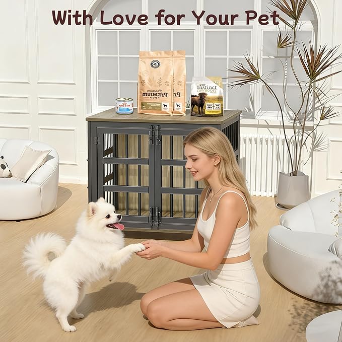26'' Dog Crate Furniture Large Breed Dog Crate Dog Kennels for Inside Wooden Dog Crates End Table Heavy Duty Indoor Combination Cage for Medium to Large Dogs Maple