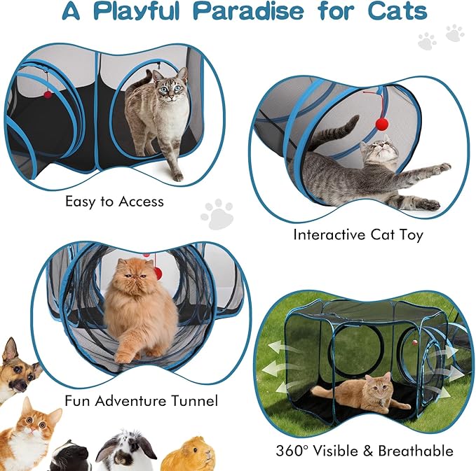 Outdoor Cat Enclosure, 5-in-1 Cat Tent Outdoor Pet Playpen with Tunnel, Portable Catio Play Pen for Outside and Indoor cat Enclosure with Storage Bag for Kitty and Small Animals
