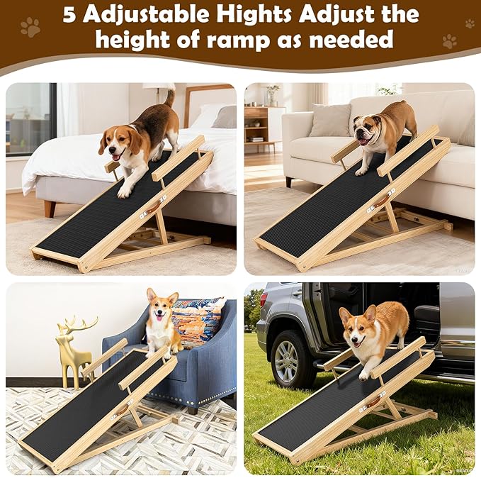 Dog Ramp for Couch, Bed or Car, Wooden 44" Long Pet Stairs for Small & Large Old Dogs & Cats, Hold up to 200lb, 5 Adjustable Height from 14.96" to 22", Portable Doggie Steps, Excellent Traction