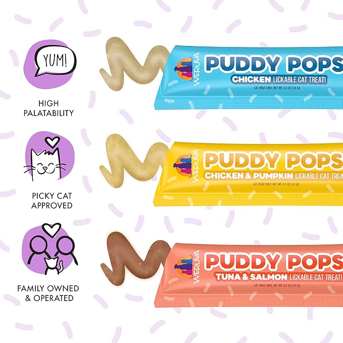 Weruva Puddy Pops, Lickable Cat Treats Variety Pack, 0.5oz Tube, Pack of 50