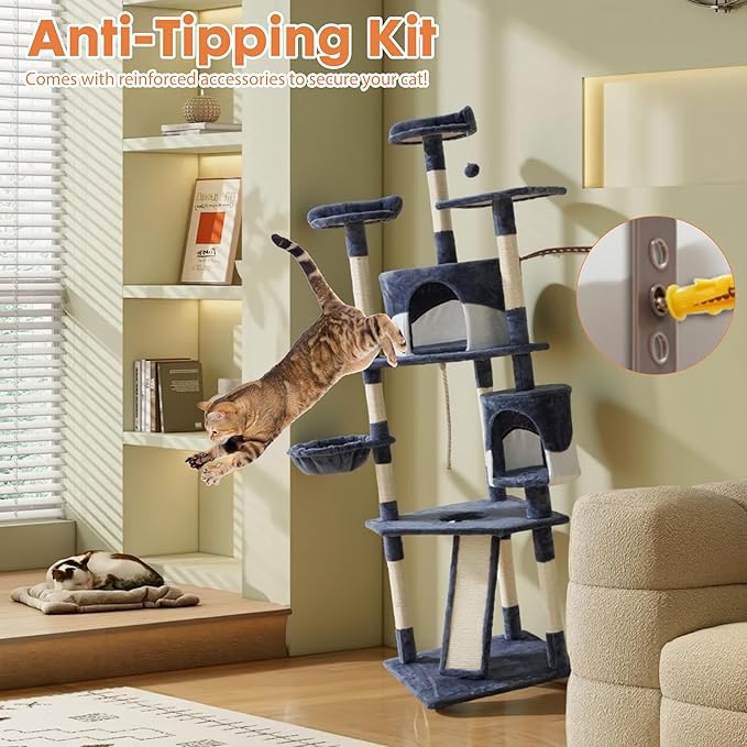 Sweetcrispy 79 inch Cat Tree Tower, Large Multi Level Cats Climbing Tower with Condo, Natural Sisal Scratching Posts, Extended Platform, Basket, Tall Pet Tree House for Indoor Cats Play, Dark Blue