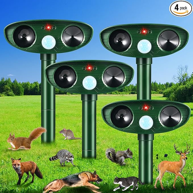 2026 Upgraded Solar Ultrasonic Animal Repellent Outdoor Deer Repellent Devices Motion Detection for Squirrel Raccoon Rabbit Dog Cat Deterrent Keep Rodent Chipmunk Away from Yard Lawn,4Pack