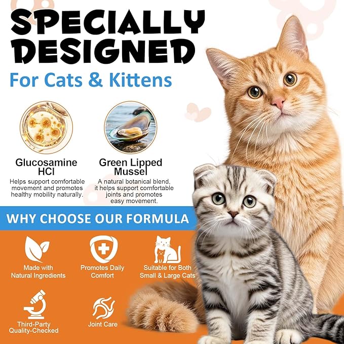 Hip & Joint Bites for Cats - Chicken Flavored Glucosamine Joint Supplement for Cats - Cat Joint Supplement for HIPS & Joints, Cat Arthritis Pain Relief, with Green Lipped Mussel, 7.4 oz