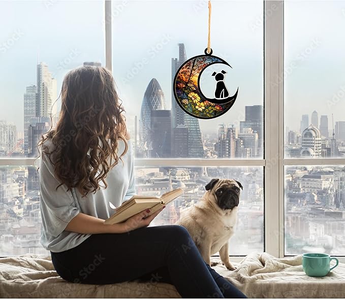 LOVELYPOD Suncatcher Dog Memorial Gifts for Dog Lovers, A Back Dog Decor on Moon Window Hangings Suncatcher, Loss of Dog Sympathy Gift, Pet Loss Remembrance Gifts in Memory Dog (4 Inches)