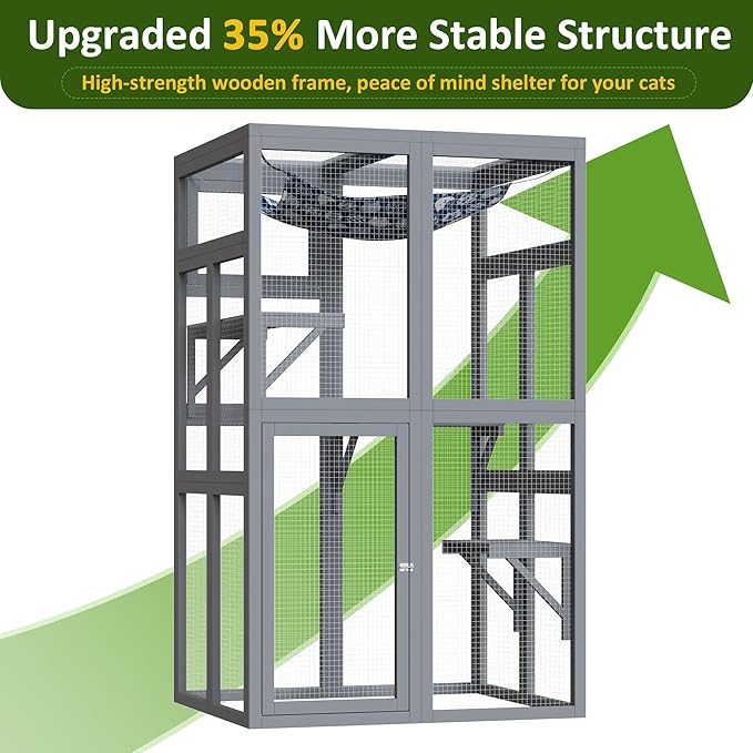 64 Inch Catio Outdoor Cat Enclosure, Large Cat House for Outdoor Cats with Updated Framework Structure, Outside Cat Patio Cattery Weatherproof for Multiple Cats, Grey