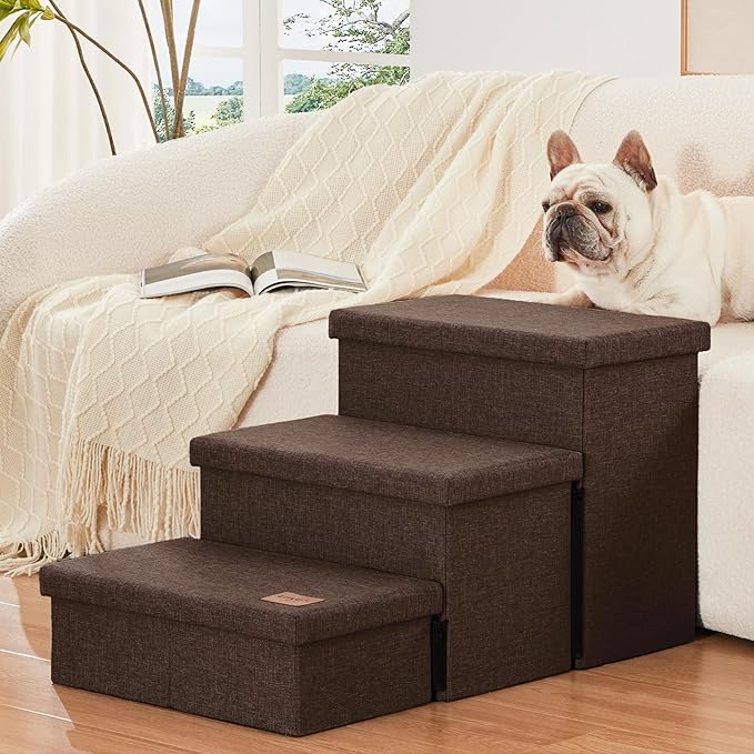 Love's cabin Dog Stairs for High Bed 18" H, Foldable Pet Stairs for Small Medium or Large Dogs Puppy with Storage for Bed or Couch, Cat Dog Steps Ramp with Zip up to 200 lbs, Coffee, 3 Steps