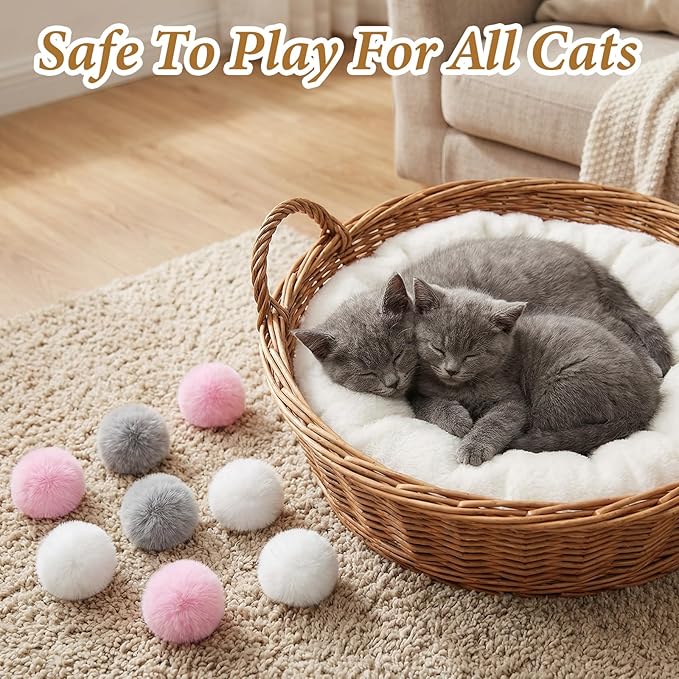 9 Pieces Furry Cat Toys Fuzzy Cat Balls Toys Pom Pom Kitty Ball Cute Rolling Cats Toy Artificial Plush Ball (Pink, Grey, White)