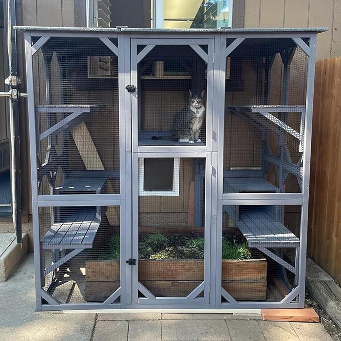 GUTINNEEN Catio Outdoor Cat Enclosure Large Walk in Window Cat House for Mulitiple Cats with 7 Platforms and 2 Resting Box,Asphalt Roof,70 inch