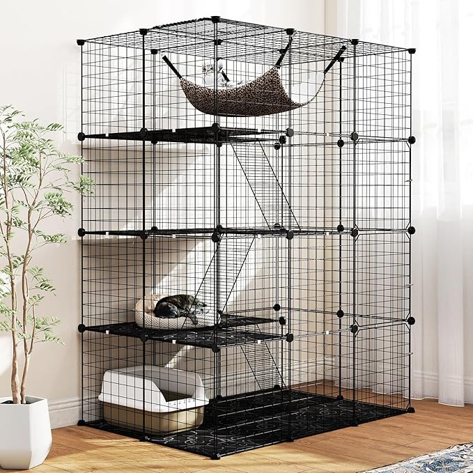 Tangkula Cat Cages Indoor, 56" Large 4-Tier Cat Enclosure with Skylight, Hammock, 3 Ladders, Detachable Metal Wire Kennel with 4 Lockable Doors, DIY Cat Crate & Pet Playpen Catio for 1-4 Cats