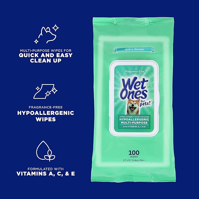 Wet Ones Multi Purpose Pets Wipes, 300 Count, Fragrance Free, Dog Wipes with Vitamins A C and E, Wet Lock Seal
