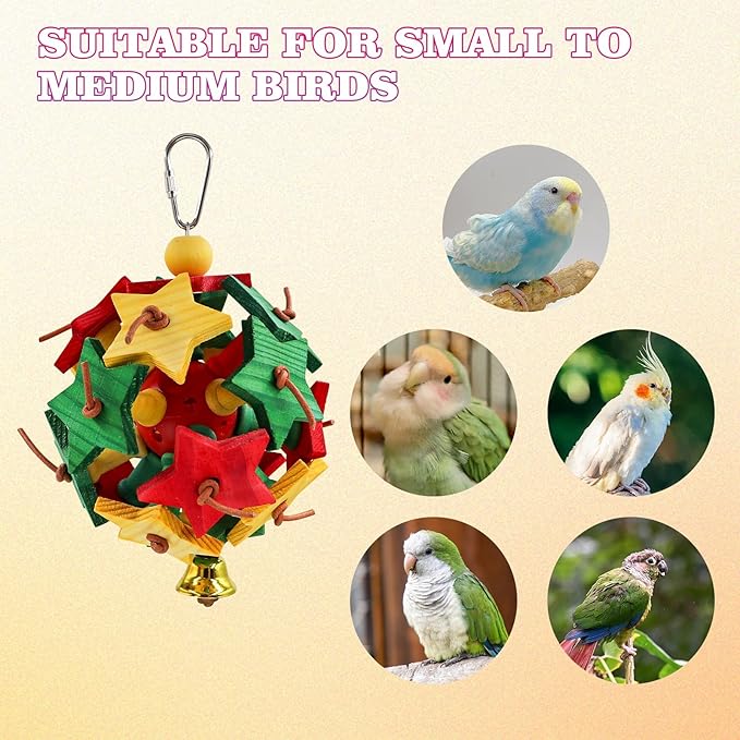 Interactive Bird Toy with Wooden Star Blocks & Leather Knots – Hanging Foraging Ball with Bell for Parrots, Cockatiels, Conures | Cage Climbing & Beak Exercise Toy