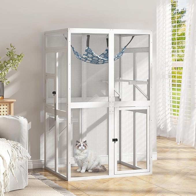 COZIWOW Upgraded Outdoor Cat Catio with Window Access & Jumping Platforms, Weatherproof Wooden Cat Enclosure for Patio/Garden/Backyard (White, 2 Platforms + Hammock, Supports 44lbs)