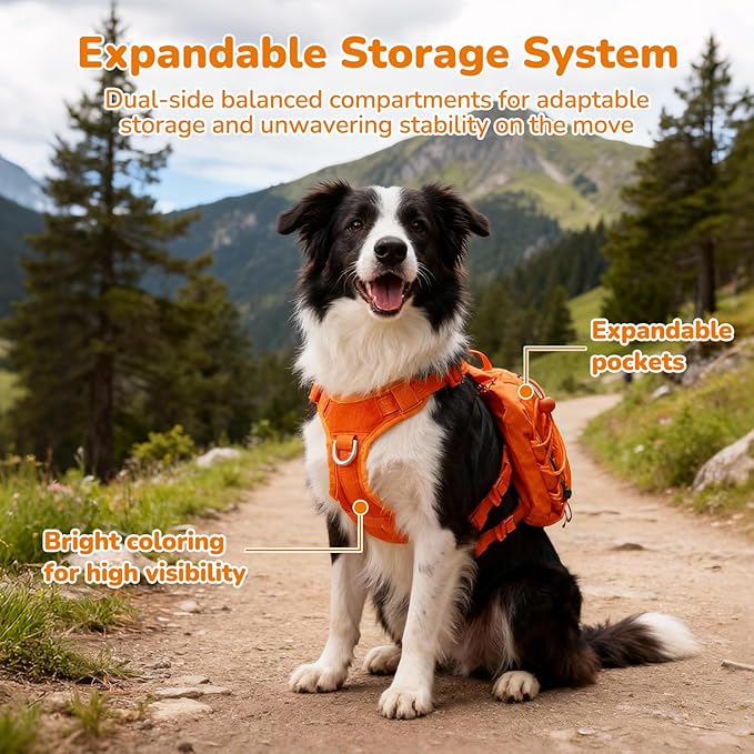 Medium Dog Harness Backpack, No Pull Adjustable Dog Vest with Handle & Leash Ring, Lightweight Dog Backpack with Side Pockets for Walking, Training & Day Hikes, Orange, M