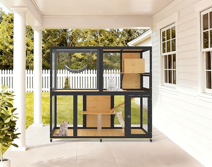Catio Indoor Cat Enclosure on Wheels, 2-Tier Large Cat Catio for Multiple Cats, Wooden Kitty Cage with Resting Box, Platform, Sunshine Roof, Black and Yellow