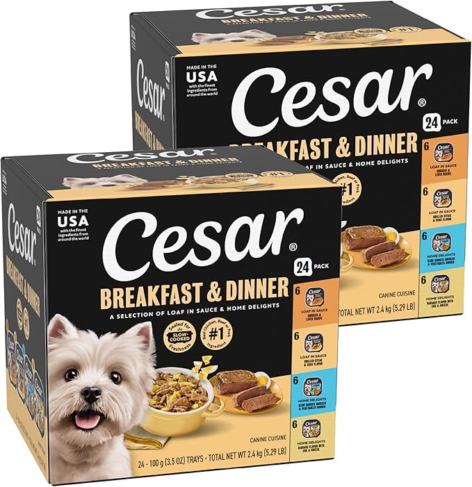 Cesar Wet Dog Food Home Delights & Classic Loaf in Sauce, Breakfast & Dinner Variety Pack, 3.5 oz. Trays, 24 Count (Pack of 1)