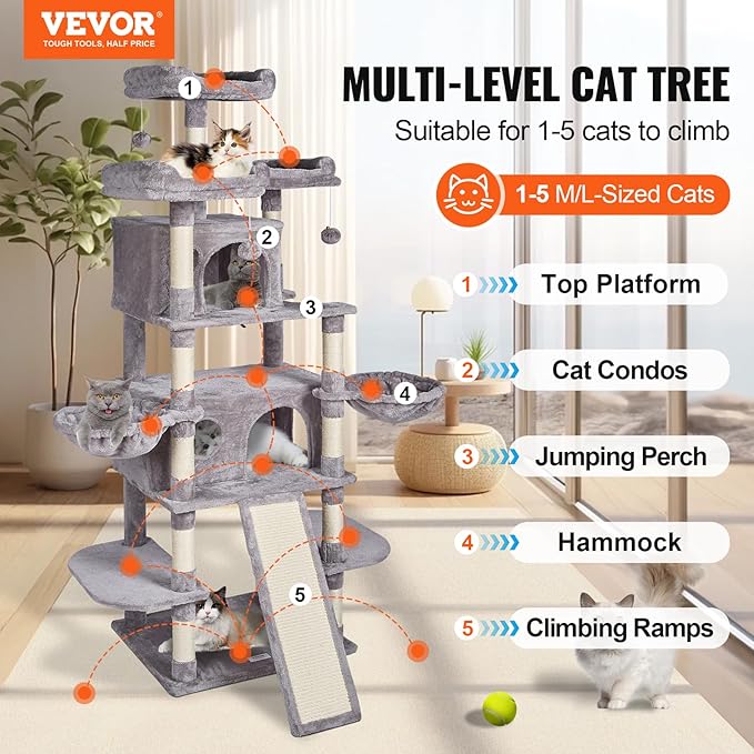 VEVOR Cat Tree for Indoor Cats, 68.5" Cat Tower with 2 Cat Condos, Sisal Scratching Post, Hammocks, Top Perches, Jumping Platforms and Ramp, Cat Furniture Activity Center with Hang Balls, Light Grey