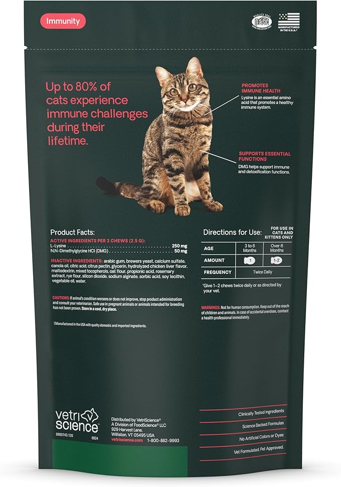VetriScience Lysine Immunity Health Chews, 250 mg Lysine Plus Immune Supplement for Cats and Kittens with Allergies, Sneezing, Runny Nose and Watery Eyes, Chicken, 120 Count (Pack of 2)
