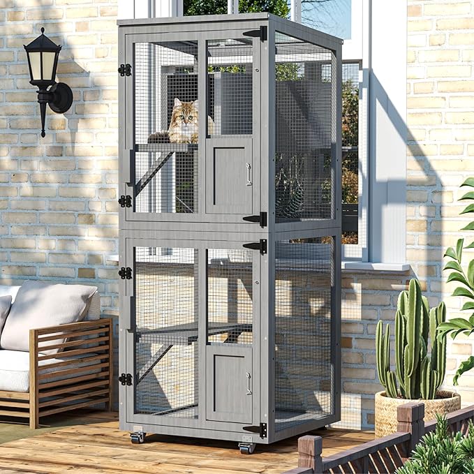 4 Tiers Catio Outdoor Cat Enclosure, Indoor Cat House with 4 Wheels, Cat Enclosure Window Access with Removable Floor, Upgraded Resting Box, Waterproof Roof, Wooden Indoor Pet Cage, Grey