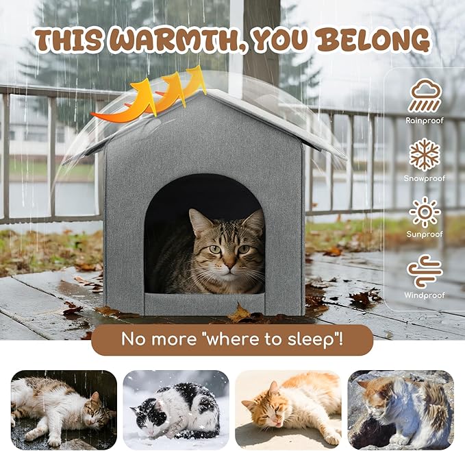 Outdoor Cat House Weatherproof, Insulated Cat Dog Houses for Outdoor/Indoor Cats for Winter, Waterproof Feral Stray Cat Shelter with Warm Cushion for All Seasons, Easy to Assemble, Grey