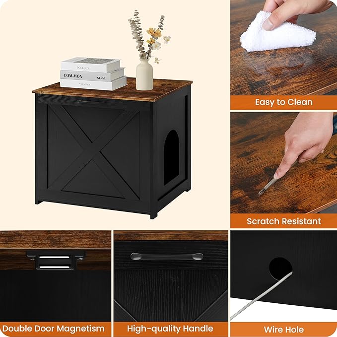 Dwanton Cat Litter Box Furniture Hidden, Cat Litter Box Enclosure, Reversible Entrance Can Be on Left or Right Side, Indoor Cabinet, Wooden Washroom, Nightstand, Black and Rustic Brown, 23.6" L